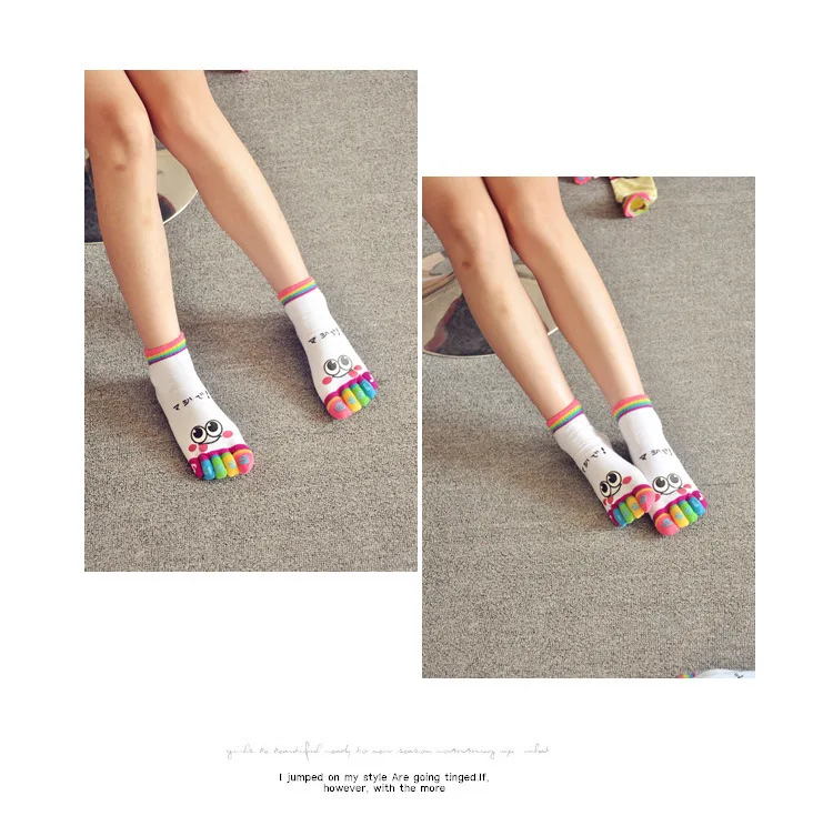 Spring Fall 2 pairs a Lot Woman Cute Cartoon Smile face Printed Separate Toe Socks Autumn Five Fingers Women Girl Cotton Sock Size 34-39 EUR 6 Colors (2)