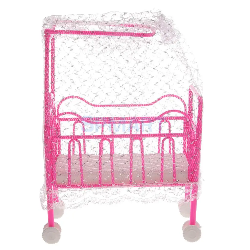 Plastic Cot Bed with Bed Net Dollhouse Furniture for Barbie Dollsin