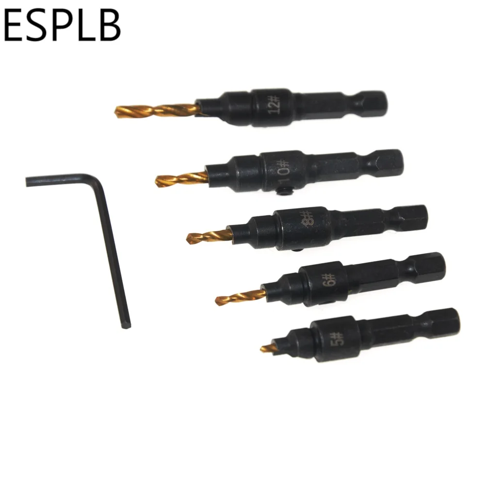 

ESPLB 5pcs Countersink Drill Bit Counterbore for HSS Drill Woodworking Set Pilot Holes Screw Drilling #5 #6 #8 #10 #12
