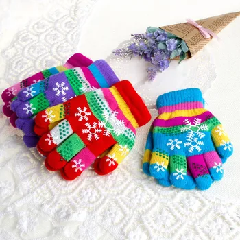 

Hot S/M Winter Children Bi-layer Thickened Warm Snow Print Colored Yarn Knit Gloves