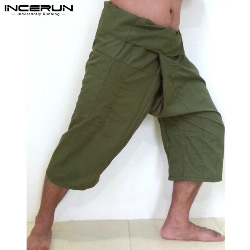 

INCERUN 2019 Wide Leg Men's Pants Pockets Solid Casual Men Women Calf-length Trousers Cool Thai Fisherman Pants Plus Size S-5XL