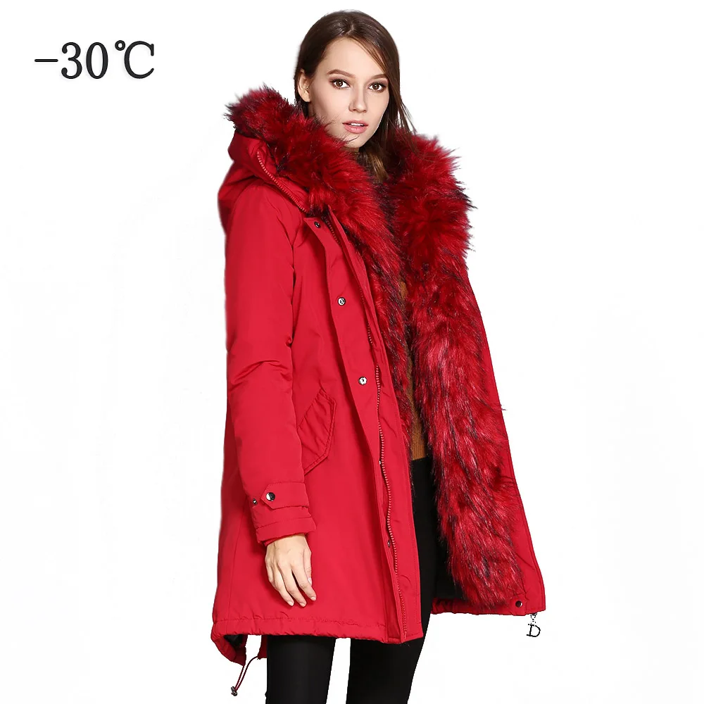 COUTUDI Women's Winter Jacket 2018 Fur Collar Coats Female Warm Parkas Thick Solid Red Hooded Long Coat Cotton Padded Fur Parka