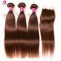 Aphro светло-коричневые бразильские прямые волосы пучки с закрытием #4 не Реми человеческие волосы плетение 3 Связки с закрытием 4x4 бесплатная