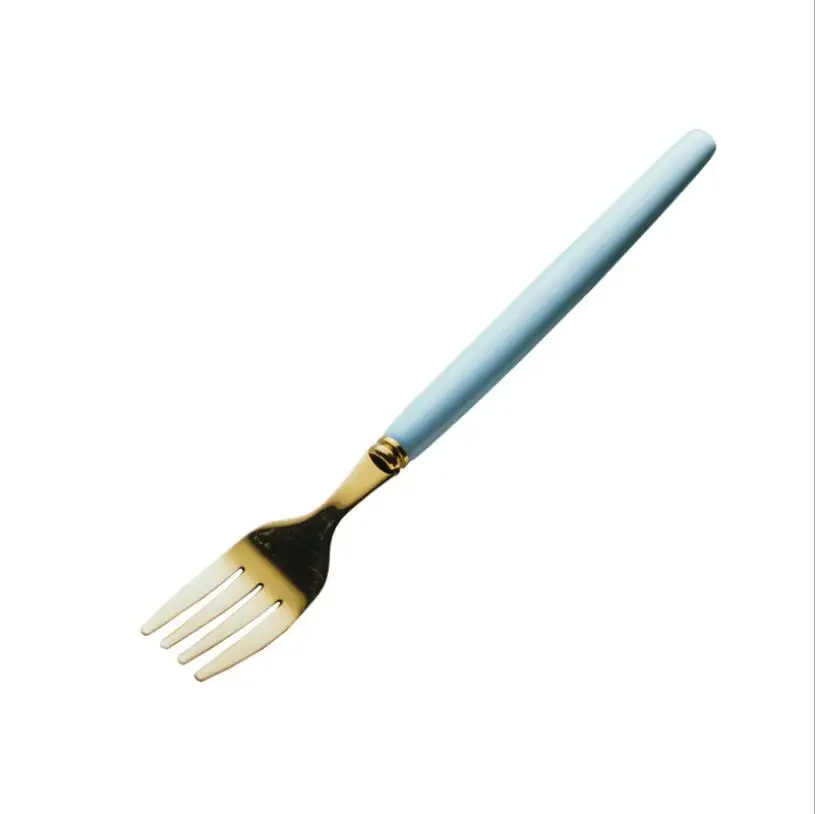 Креативная керамическая ручка из нержавеющей стали нож вилка ложка титановая покрытая посуда белый красный розовый синий черный - Цвет: Blue fork