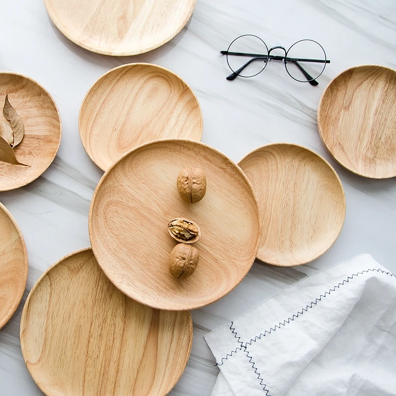 

1Pc Rubber Wood Plate Round Cake Dessert Dishes Wood Serving Tray Plate Janpanese Dinner Plate Wooden Tableware Kitchen Utensils