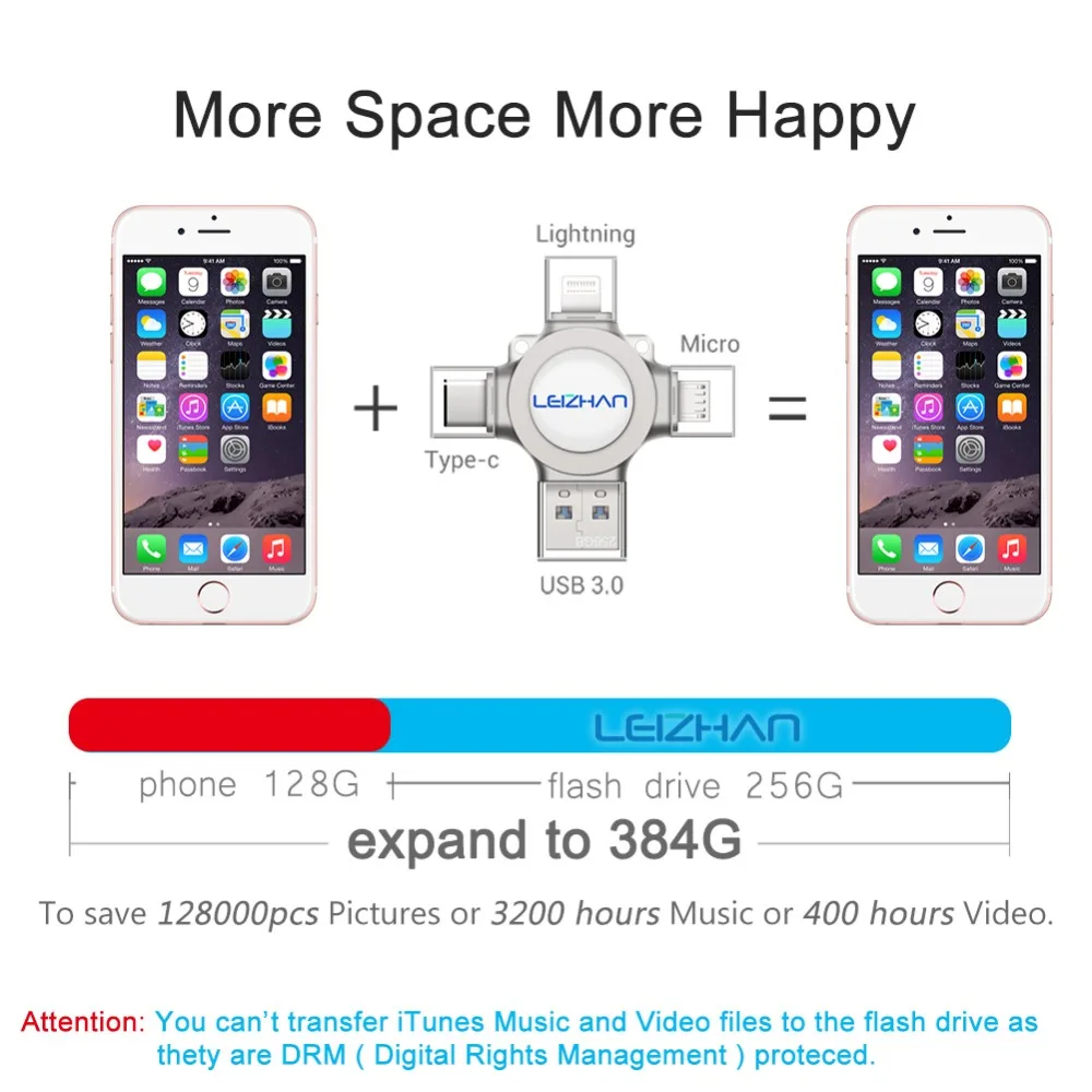 LEIZHAN флэш накопитель для iphone Lightning Фотобарабан USB 3 0 128 ГБ флеш TYPE C Флешка 64 32 16
