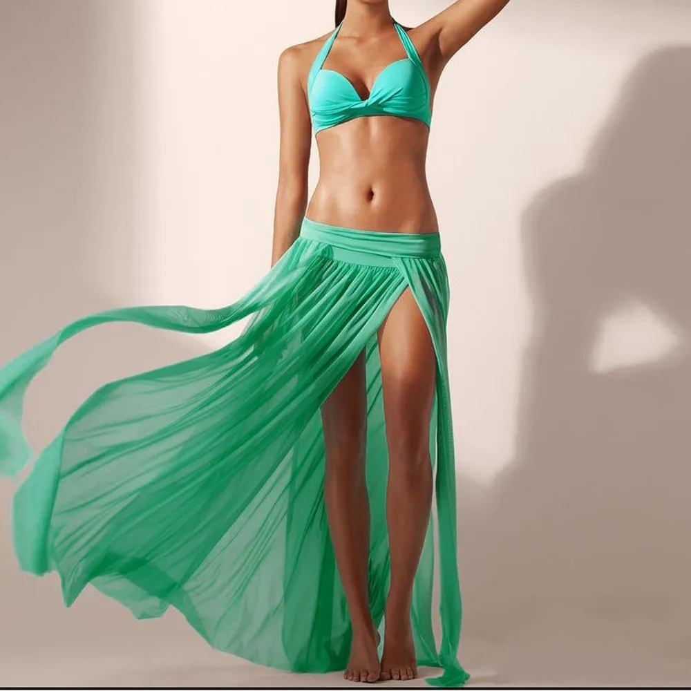 Женская длинная юбка, сексуальные юбки в стиле бохо, асимметричная юбка с разрезом, пляжная юбка, Одежда для пляжа, Falda corta - Цвет: Зеленый