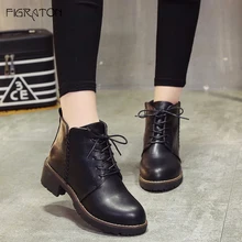 

Figraton Women's Ankle Boots Spring Autumn Martin Shoes Lace Up PU Leather Solid Color Basic Round Toe Square Med Heels