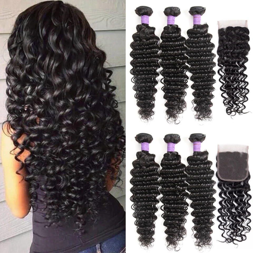 Queenlike Hair Products 3 4 Pieces Human Hair Bundles With Closure Non Remy Weave Brazilian Deep Wave Bundles With Closure