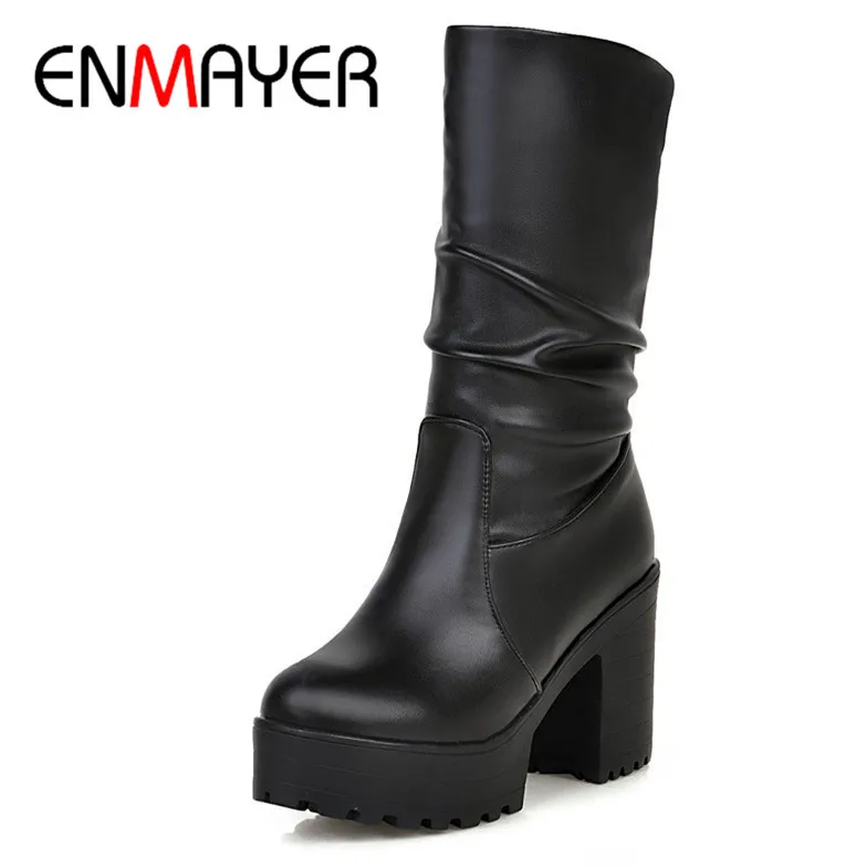 

ENMAYER Big Size 34-46 Women Boots PU Leather Mid-Calf  Boots Round Toe Slip-On Square High Heel Boots for Women Fashion Boots