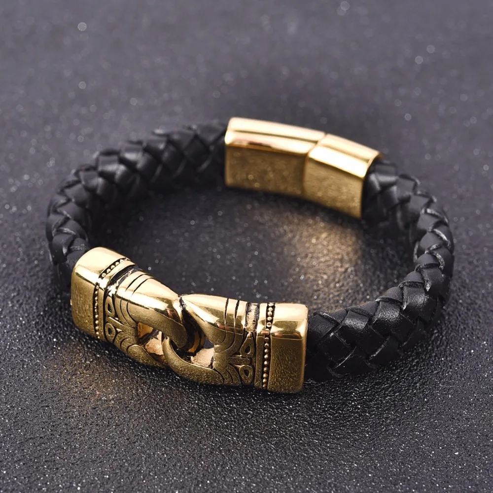 OBSEDE Men Punk Classical Jewelry Braided Leather Bracelet Stainless Steel Magnetic Clasp Gold/Sliver single Wristband Pulseiras