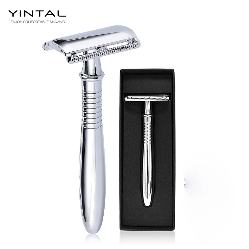 

Manual Chrome Long Handle Double Edge Safety Razor Vintage Shaver Silver Razors Manual Shaving razor set 1 Handle+5 Razor Blade
