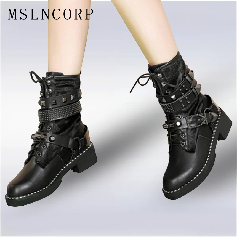 

plus size 34-43 New Fashion Black Rivet Punk Genuine Leather Ankle Boots Flats Round Toe Buckle lace up Martin Boots Women Shoes