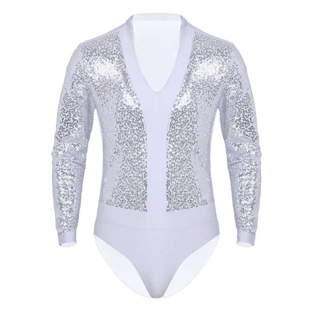 Men One-piece Shiny Sequins Dance Shirt Romper Costume Stage Dancewear Long Sleeve High Cut Dance Bodysuit Short Unitard Leotard - Цвет: White