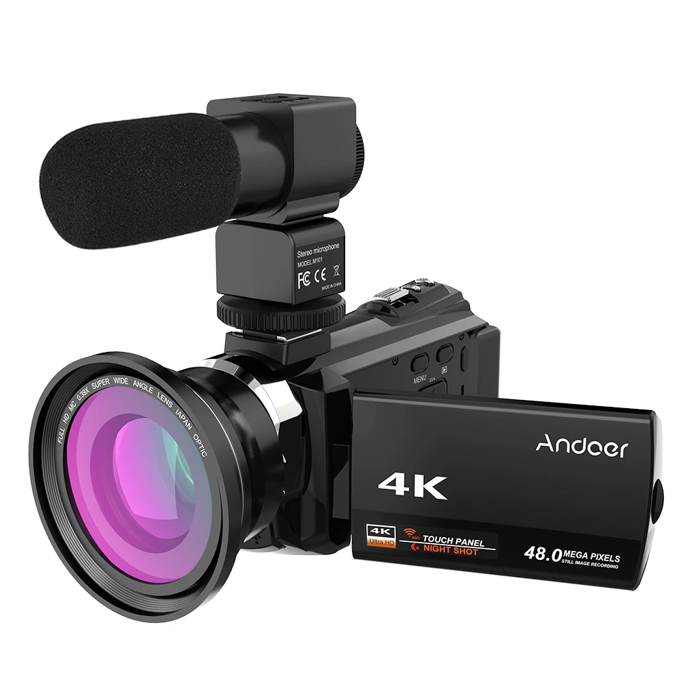 Andoer 4K 1080P 48MP WiFi цифровая видеокамера рекордер с 0.39X широкоугольным макро-объективом внешний микрофон - Цвет: Black