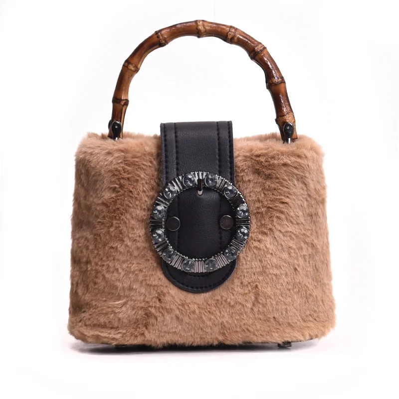 Women Winter Plush Shoulder bag Female Bamboo Handbag Chain Small Tote