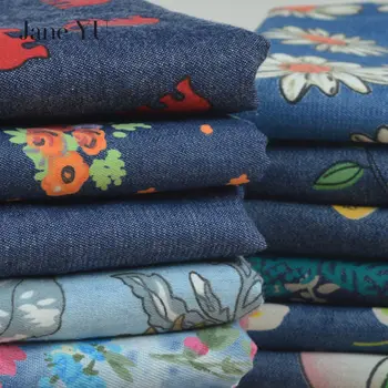 

Jane YU Colorful washed printed denim fabric cotton polyester clothing thin thick trousers skirt summer soft shirt fabric