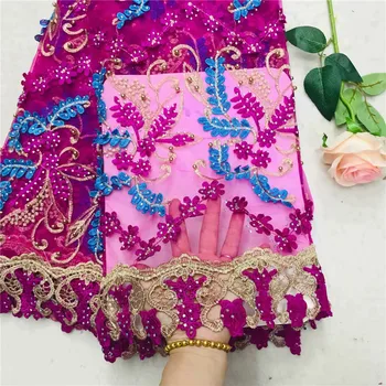 

African Lace Fabric 2018 High Quality Nigerian Lace Fabric With Gold Beaded Embroidery Tulle French Lace for Wedding 2L30D74-48