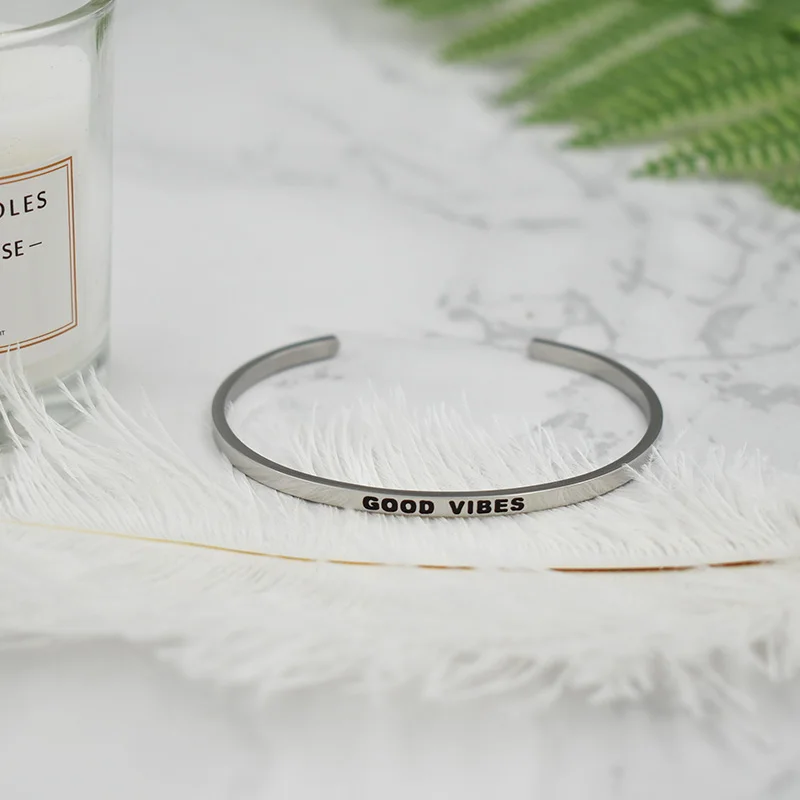 

5PCS "GOOD VIBES" Inspirational Quote Bracelets Women Men's Jewelry Hand Stamped Cuff Bracelet Bangle