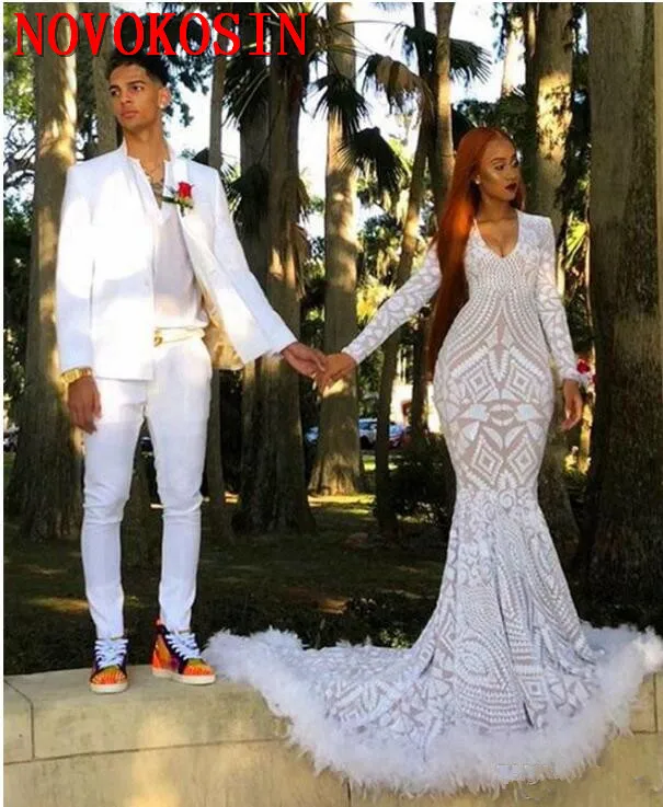 

White Feather Sequined Mermaid Prom Dress New Long Sleeve Sweep Strain V Neck Formal Evening Dress Party Gowns Graduation Dresse