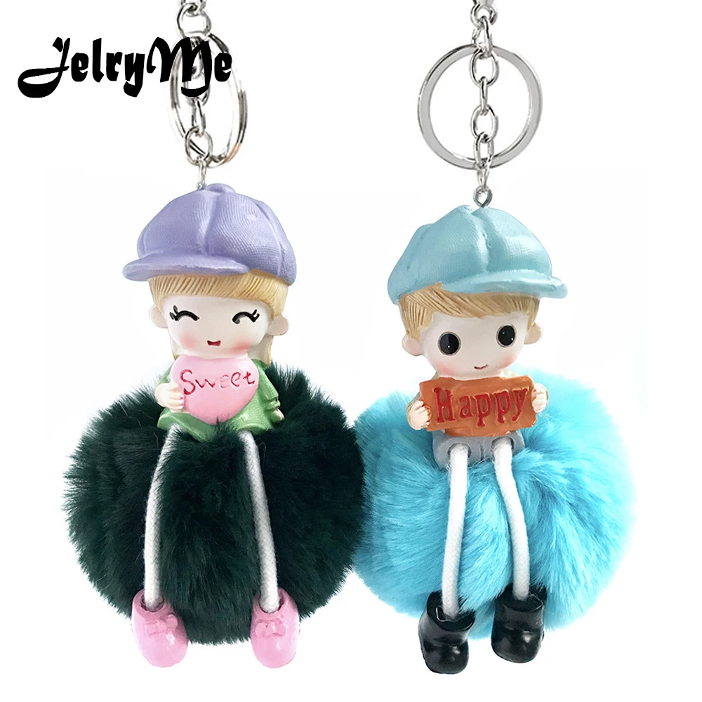 Lovely Ceramics Doll Keychain For Women Men Lovers Pompom Fur Tassel Keyring Couple Key Chains