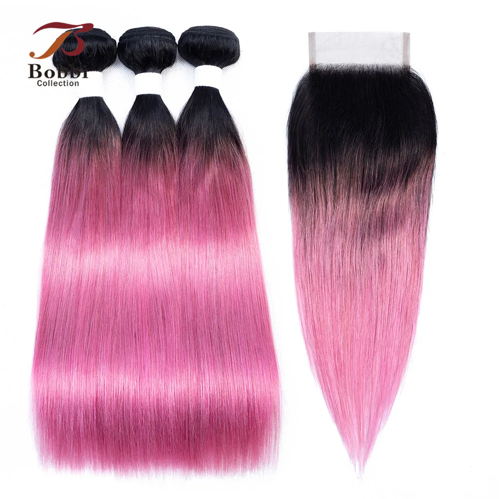 BOBBI коллекция 2/3 пучков с закрытием Омбре розовые красные перуанские прямые волосы предварительно цветные Remy человеческие волосы для