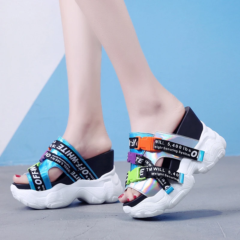 

Lucyever Fashion Ladies Summer Fashion Laser Slippers 2019 Hi-street Thick Bottom Platform Wedges Outdoor Slides Shoes Woman