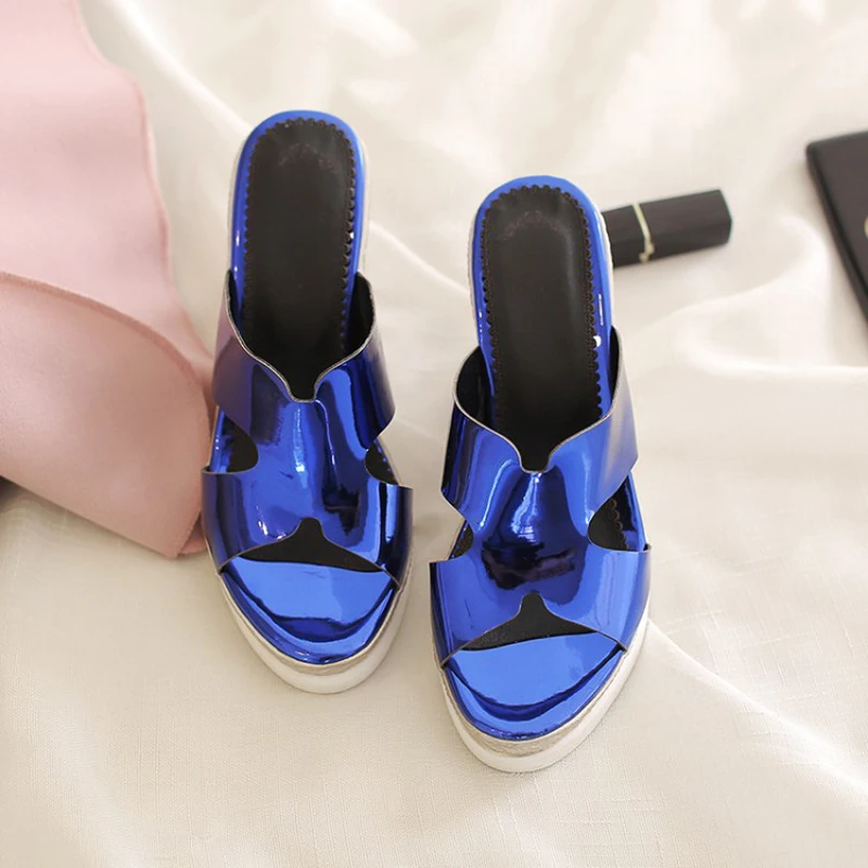 Big Size 33-43 Summer Woman Shoes Platform Metallic Leather Pink Slides Wedge Beach High Heel Slippers For Women Blue Lady Shoes (11)