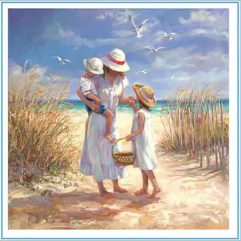 

Mother and Child Beach Scenery Needlework 14CT Unprinted Embroidered Handmade Quality Counted Cross Stitch Kits set Pattern