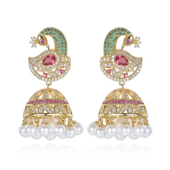 

Classic Design Zircon Peacock Ear Stud Small Jhumki Earring Dubai Wedding Bridal Luxury Bell Shape Earrings Women Indian Jewelry