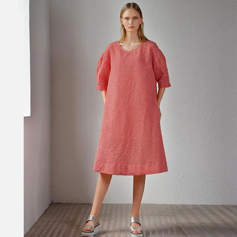 Buykud 2019 Summer Dress Solid Color O-Neck Three Quarter Midi Dresses Casual Plaid Plus Size Female Vestidos (1)