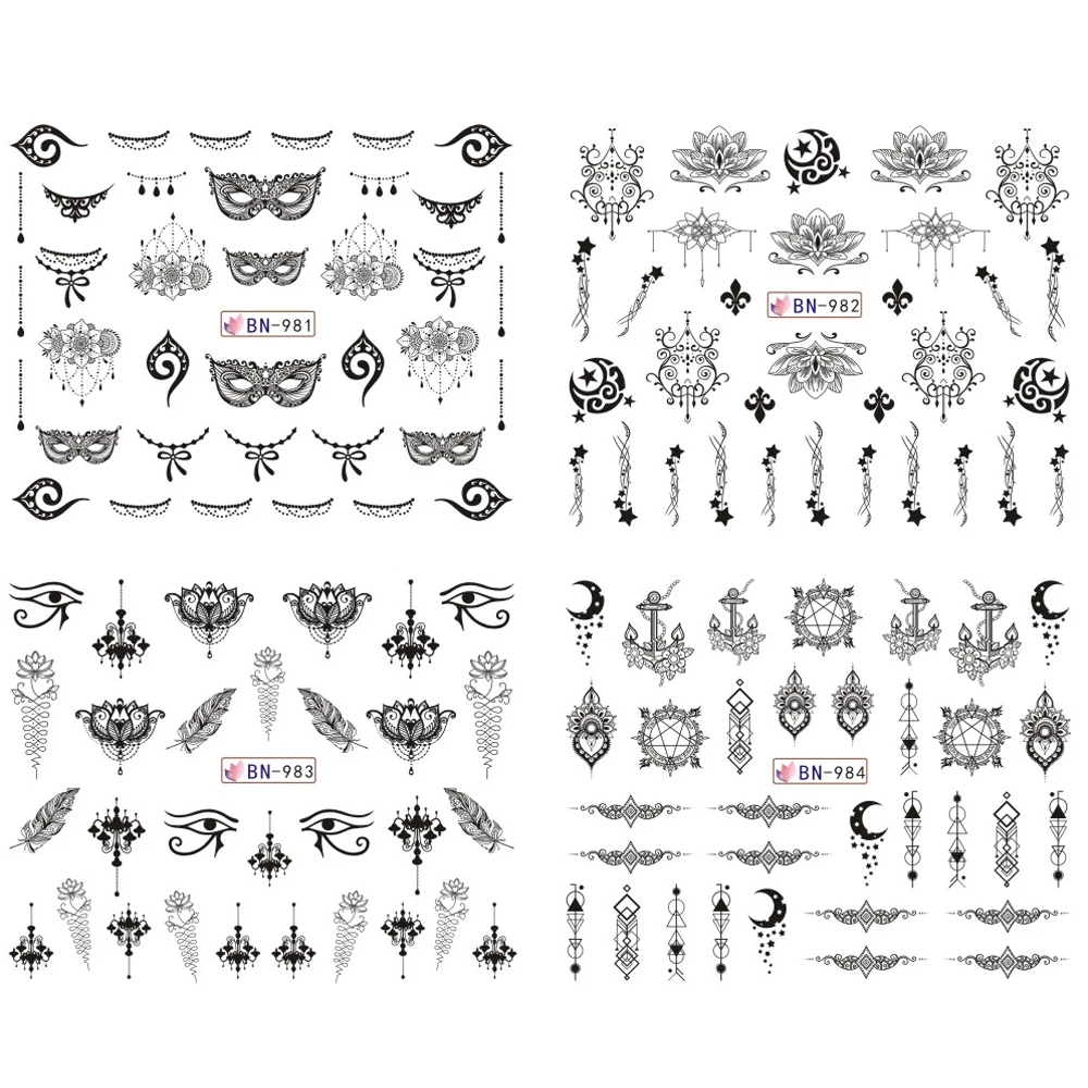 12 Design Water Transfer Decals Nail Sticker Black Rose Necklace Feather Halloween Polish Slider Decoration Manicure TRBN973 984|Стикеры и