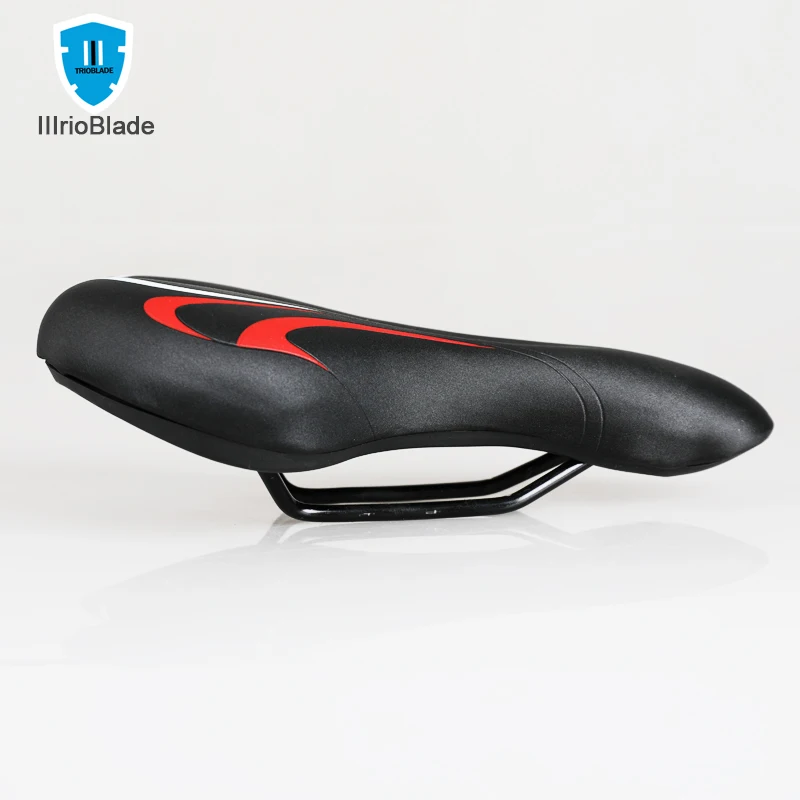 

Bicycle saddle black color with red and white patterns. TrioBlade