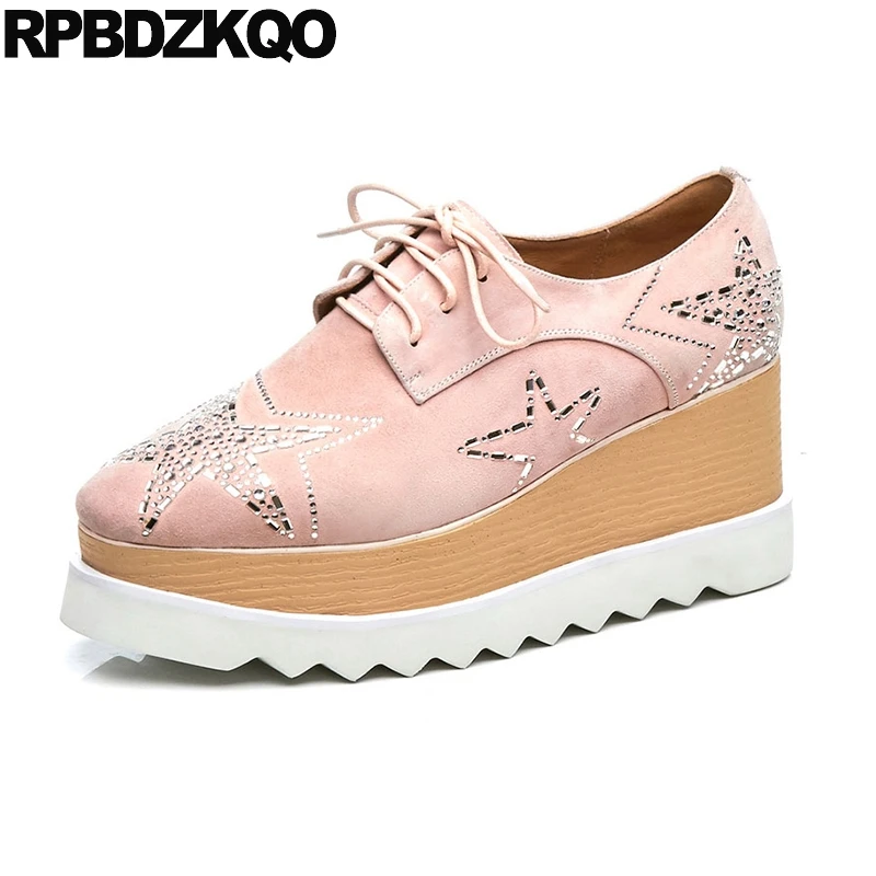 

pink designer shoes women luxury 2019 star crystal 10 rhinestone large size wedge beautiful platform diamond creepers square toe