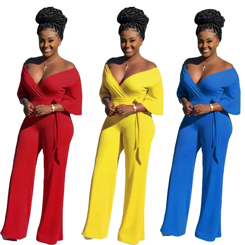 2022 Women Casual Lace Up Jumpsuit V Neck Outfits Solid Overalls Sexy Wide Leg Playsuit