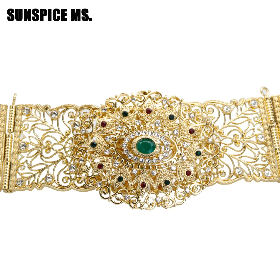 

Turkish Colorful Rhinestone Women Waist Chain Belt Belly Chains Gold Color Hollow Flower Adjust Length Wedding Body Accessories