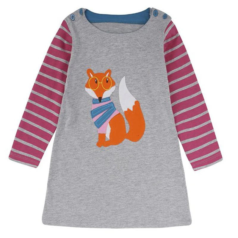 Long Sleeve cute Baby Girls Dress with fox cat bird animal Applique children kid girls Princess mini dresses for 2018 spring
