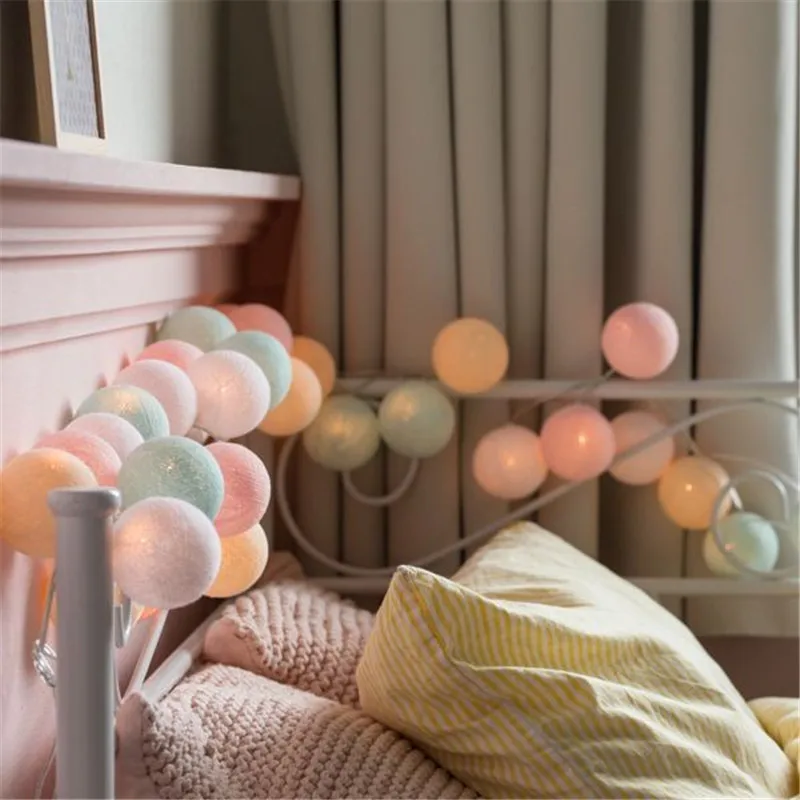 Thai style sweet Pastel cotton ball string lights Bedroom Fairy Nursery Night Light garland holiday LED battery powered wedding