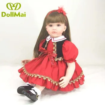 

22"56cm bebe alive Reborn Babies Silicone vinyl long brown hair red dress princess toddler doll handmade kids birthday gift