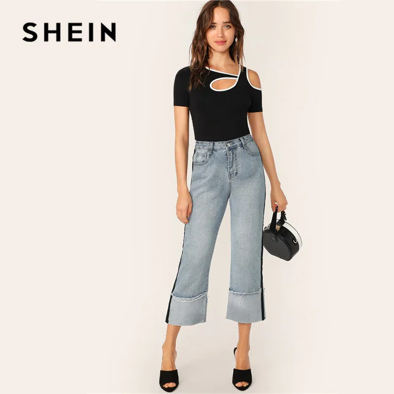 SHEIN Черная Спортивная контрастная облегающая футболка с вырезами женская летняя повседневная облегающая Асимметричная футболка с вырезом Женские топы