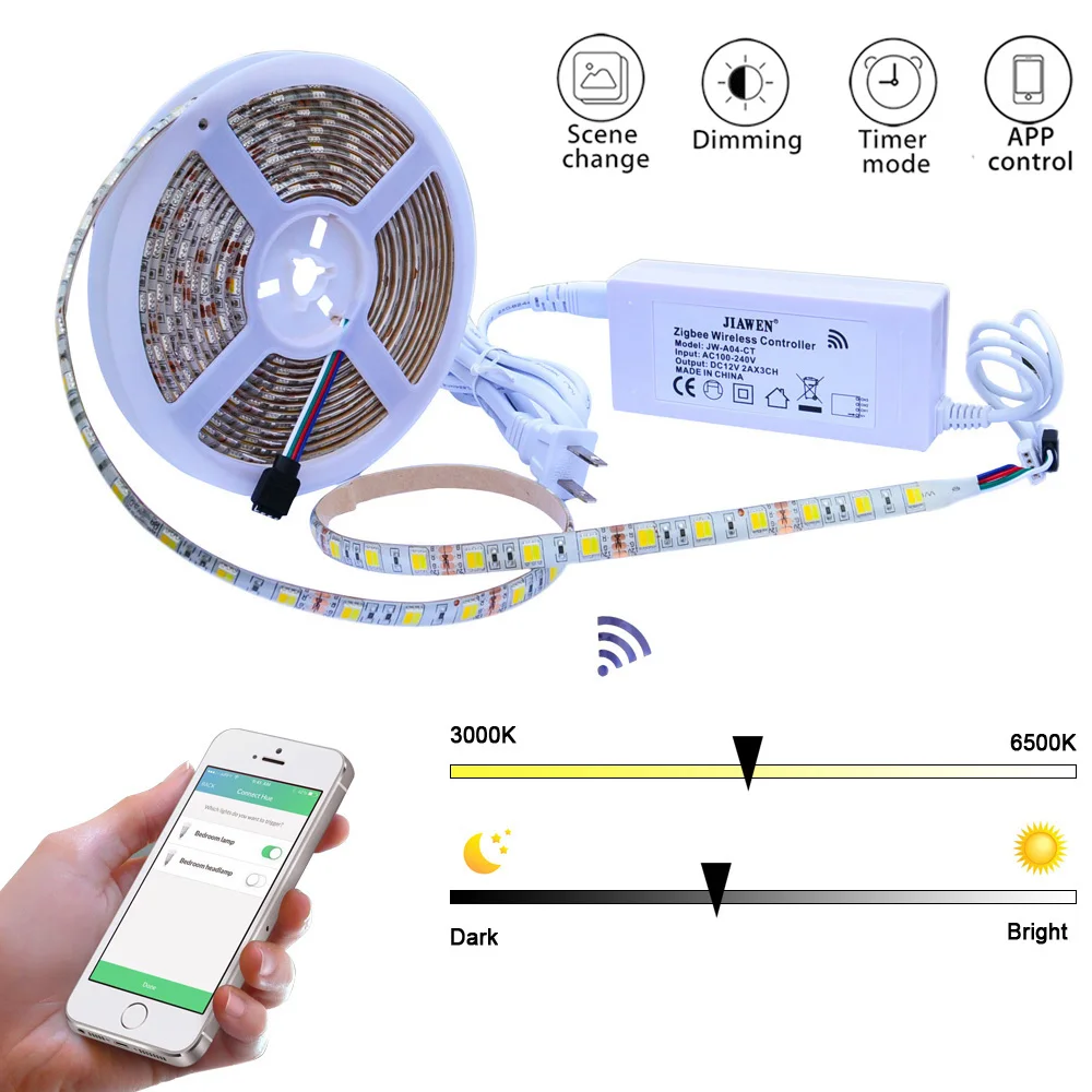 

Jiawen Smart Home zigbee 5M 5050SMD DC 12V LED Color Temperature Light strip work with major bridges/gateways