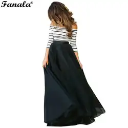 Мяч модные новые женские Off-shoulder Striped Высокая талия пачка Для женщин платье вечерние клуб Тонкий длинное платье комплекты