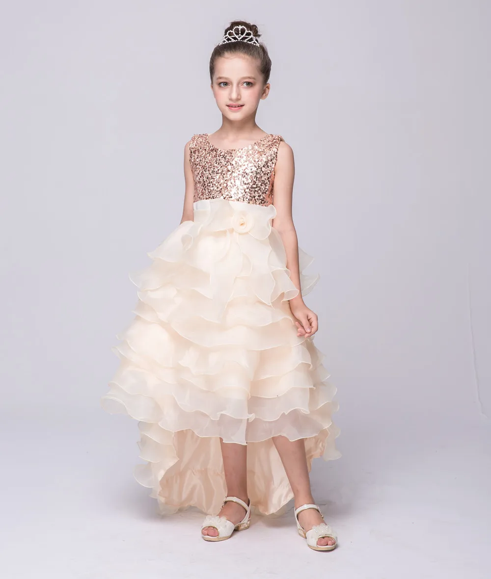 

Children Graduation Evening Kid Ball Gowns Floor Length Gold Sequin Tulle Toddler Dress Sleeveless Girls Long Pageant Dresses