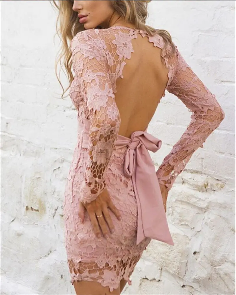 

ITFABS Newest Arrivals Fashion Hot Women Sexy Deep V-neck Long Sleeve Lace Bowknot Stretch Casual Party Mini Dress