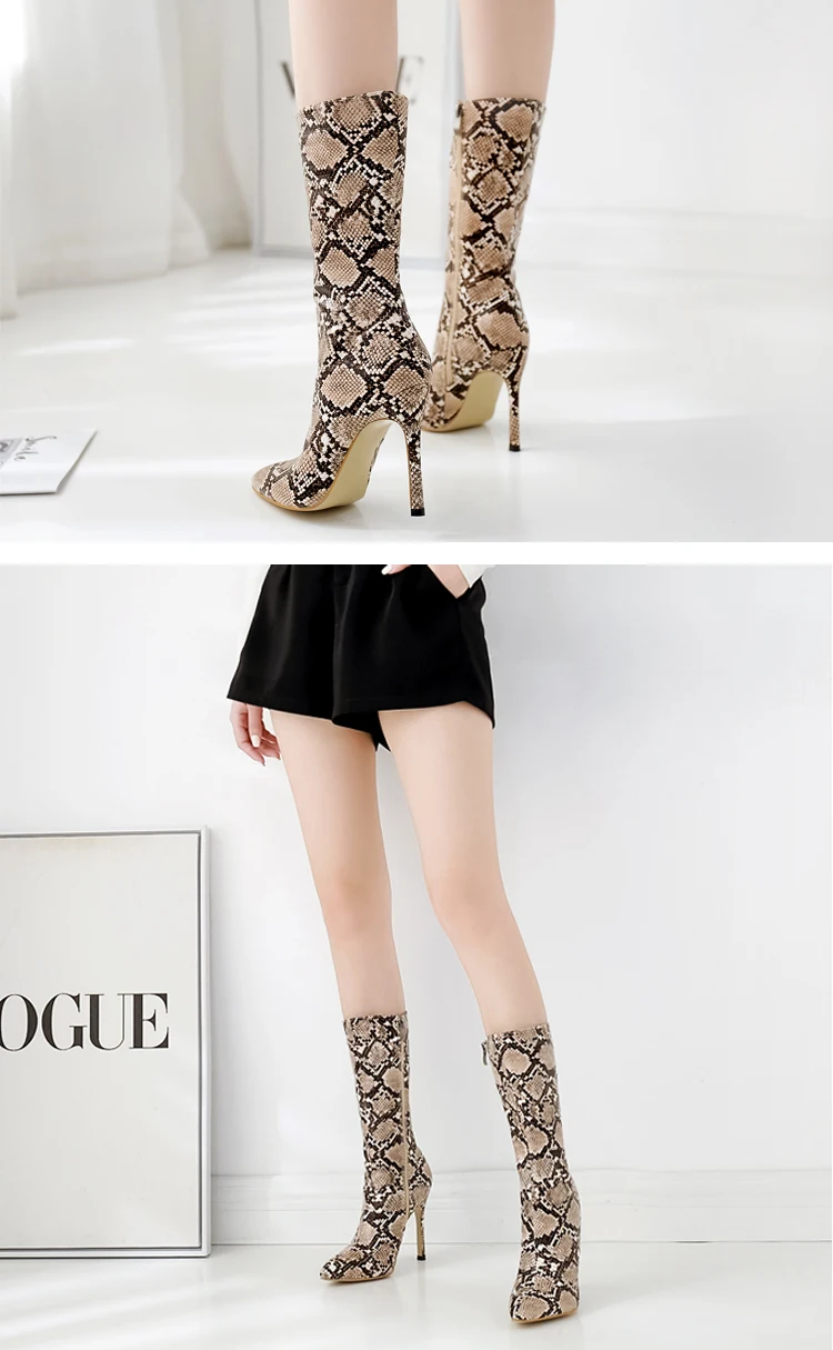 Eilyken/Новинка года; модные женские ботинки на молнии; ботильоны со змеиным принтом на высоком каблуке; пикантная женская обувь с острым носком; ботинки «Челси»