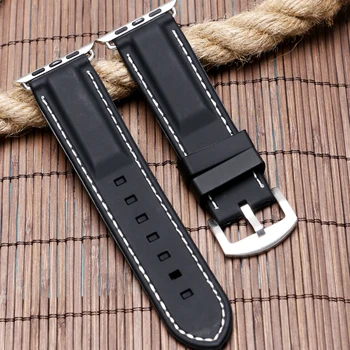 

42MM Waterproof White/Red Line Stitching Replacement Rubber Soft Black SiliconeFor iWatch Apple Watch Watch Strap Band