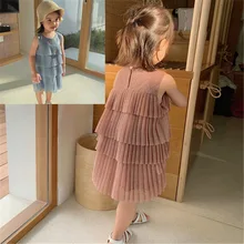 Новые летние хлопковые многослойные платья без рукавов плиссированное платье принцессы с рюшами и круглым вырезом для малышей Модная детская одежда