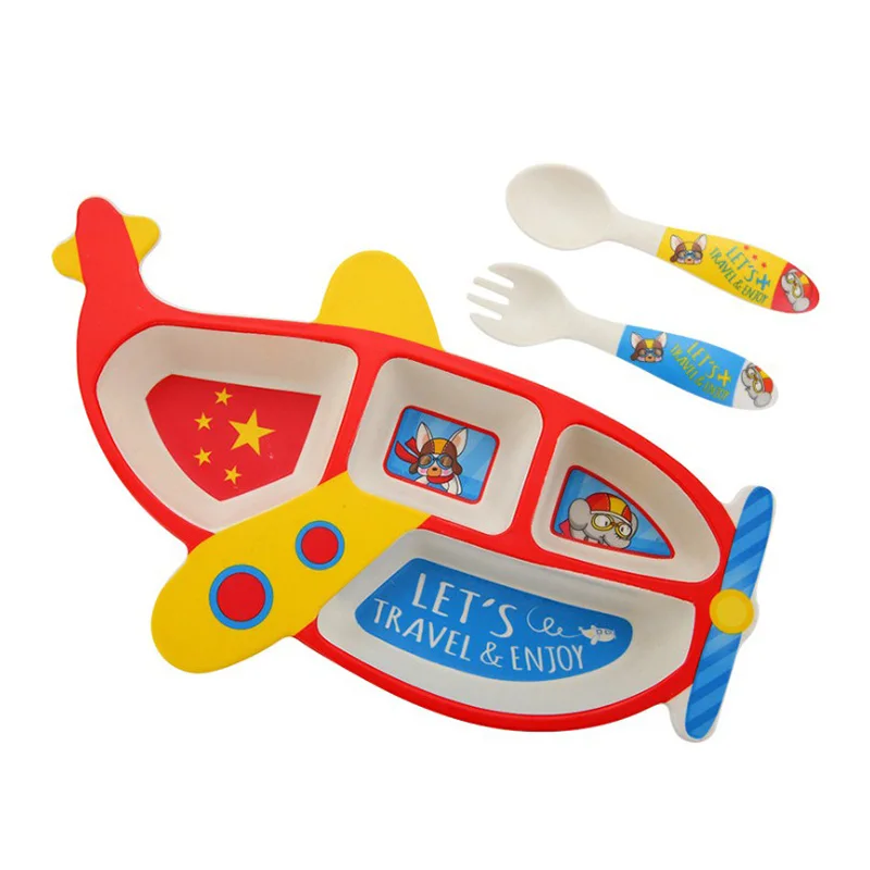 

Cartoon Bamboo Fiber Children's Plate Aircraft Shape Grid Bowl Eating Fork Spoon Set Baby Feeding Tableware