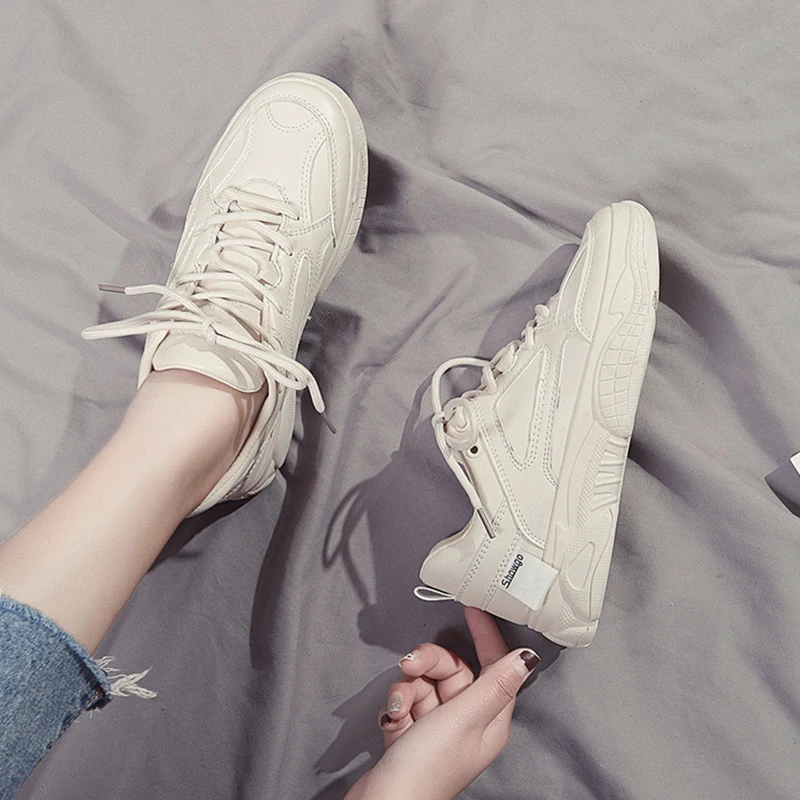 

New Women's Vulcanize Shoes Lady Casual White Shoes Women Sneaker Leisure Thick Soled Shoe Flats Cross-tied Lace Up Soft