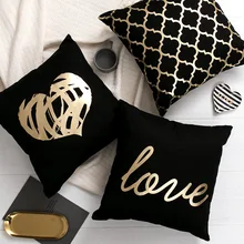 Cojín negro con acentos dorados para decoración del hogar, almohada para sofá decorativa en material suave de terciopelo, con estampados de moda en acabado metálico y variedad de diseños